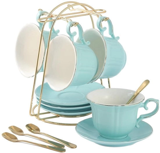 Set da Tazza e delle Ciotole - Set elegante da Tè - Set da 4 - Bordo d'Oro - Porcellana