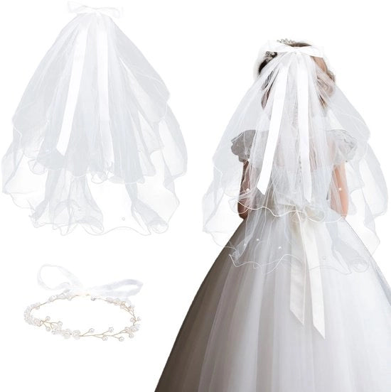 Set di veli per comunioni - Velo di tulle bianco 55x80cm - Fiore a palla - Copricapo religioso - Accessori per cerimonie - Aspetto elegante - Velo di comunioni