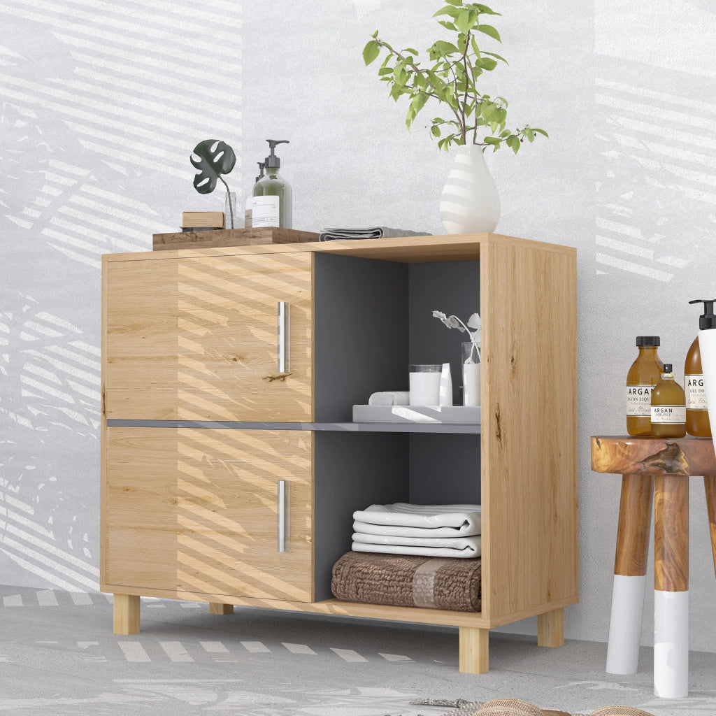 Mobile da bagno con ripiani e ante ¨C Minimal ¨C legno naturale 80x35x70