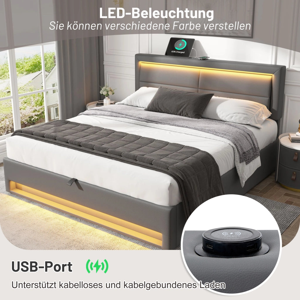 Letto imbottito – 140x190 cm – USB LED contenitore – PU litchi grigio