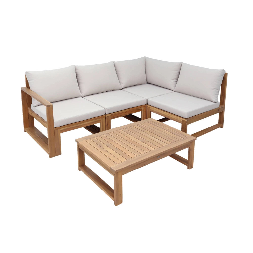 Salotto da giardino modulare in legno di acacia e tessuto beige, 4