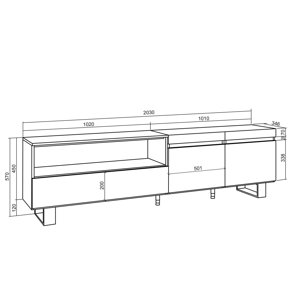 Mobile TV, 200x35x57cm, soggiorno, Per TV fino a 80", Design industriale, grigio cemento RF2233
