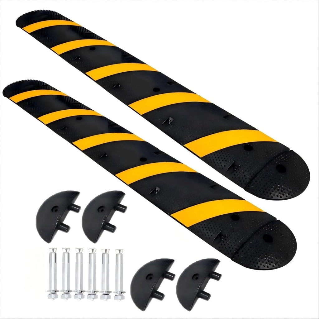 Dissuasore velocità gomma 1 m; 2 pz; 2 fessure cavi; antiscivolo nero/giallo; fissaggio bulloni; parcheggio/garage/strada EU1M2Slot2Pack