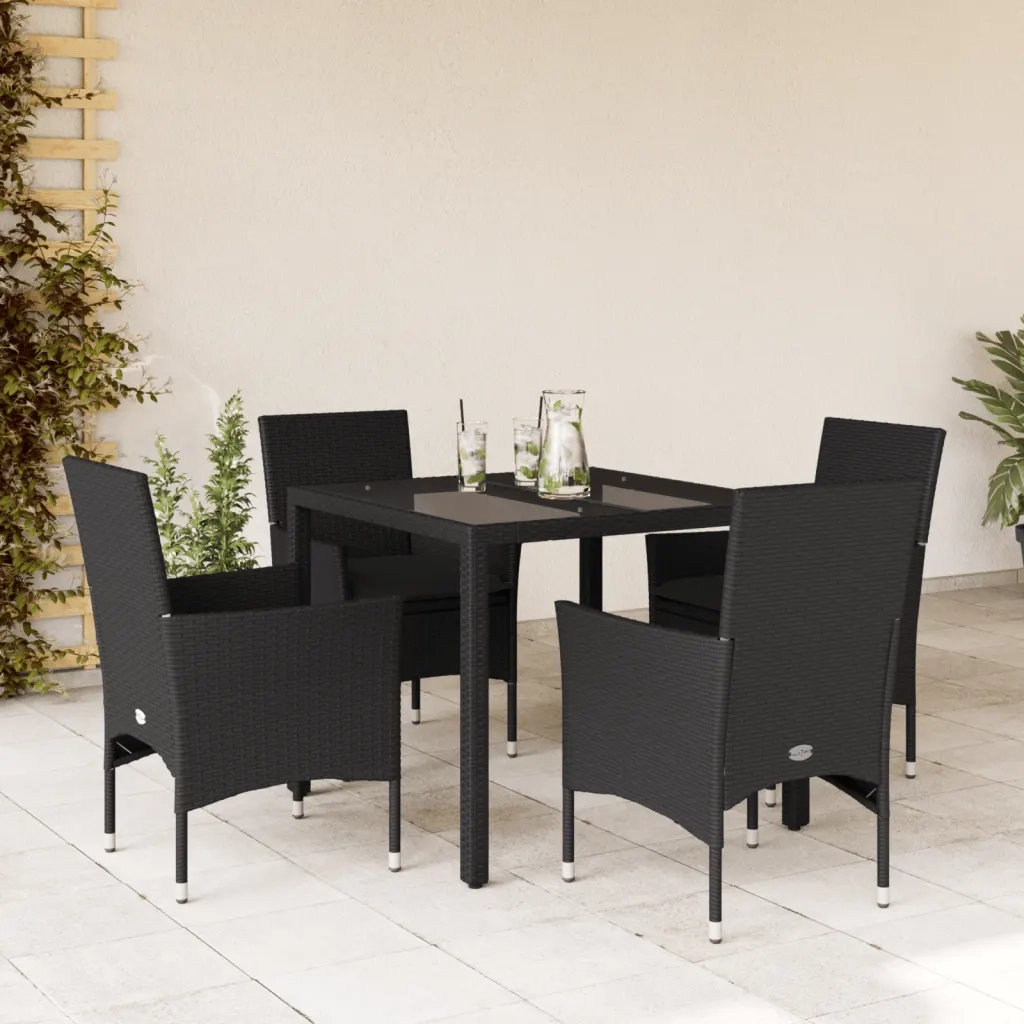 Set da Pranzo da Giardino con Cuscini 5 pz Polyrattan e Vetro