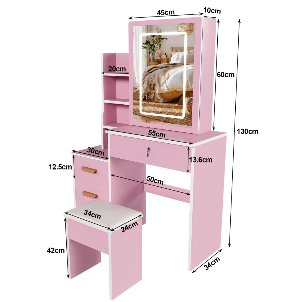 Toeletta con sgabello e specchio LED a 3 modalità in MDF rosa