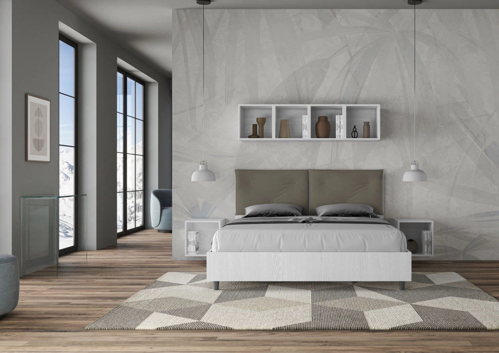 BS COM Letto matrimoniale con rete 160x200 bianco frassino cuscini similpelle cappuccino