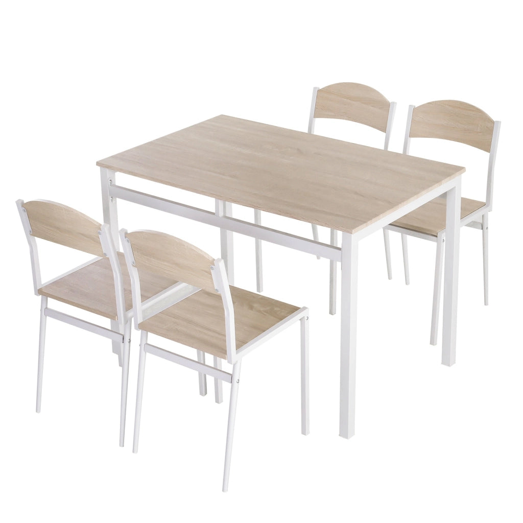 Set da Pranzo Tavolo e 4 Sedie in Metallo e MDF Bianco e Legno
