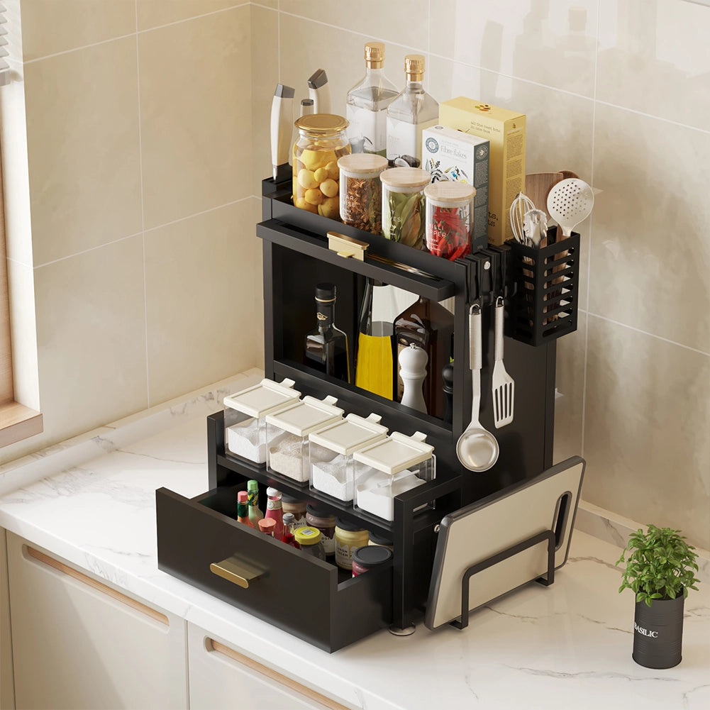 Scaffale Credenza Organizer Portaspezie con Vetrinetta e Cassetto Metallo Nero