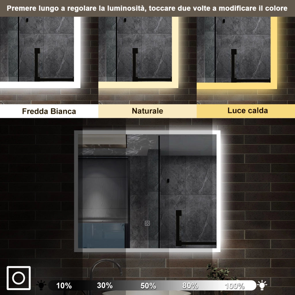 specchio rettangolare 90x70 cm con luce led, antiappannamento e touch