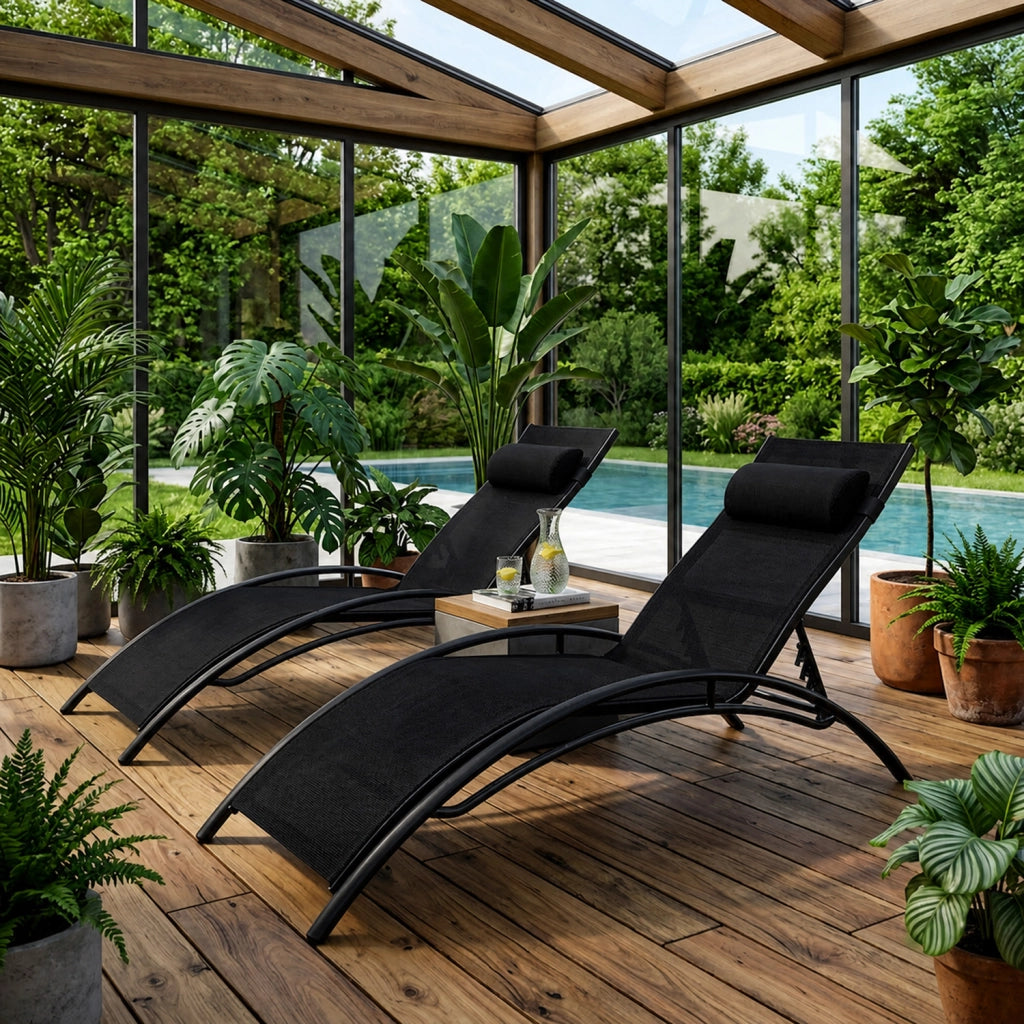 Set 2 Lettini Reclinabili Da Piscina Con Schienale Regolabile 5 Posizioni In Textilene Traspirante Per Giardino Terrazza Outdoor 59 x 158 x 81.5 Cm Nero
