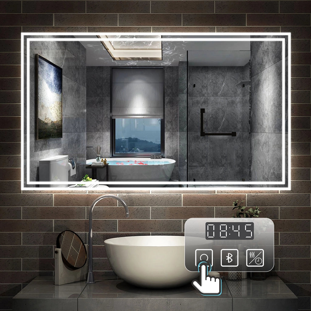 Specchio da bagno a LED, 140x80cm, Disappannamento, orologio, Bluetooth, 3 Temperature di Colore