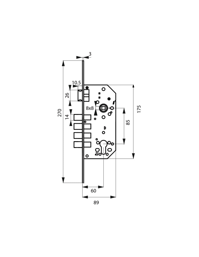 Cassa serratura da incasso per cilindro europeo, asse 60 mm, 4 catenacci, frontale nichelato – THIRARD