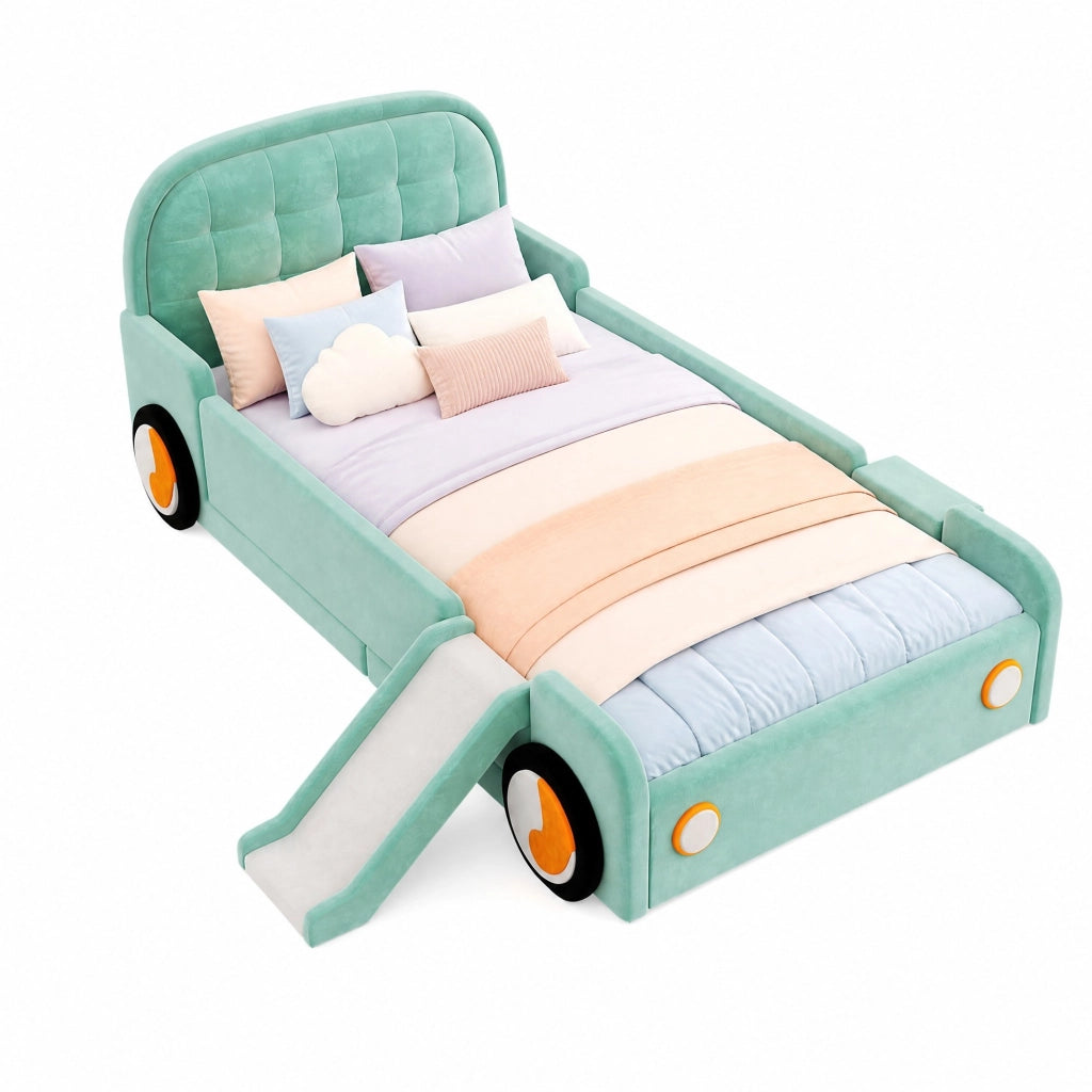 Letto per bambini a forma di auto con scivolo e scala reversibili; 90x200 cm; velluto blu-verde