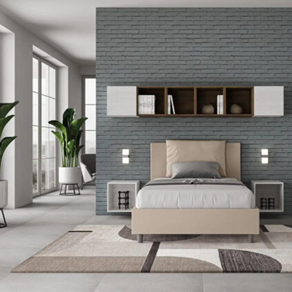 Letto una piazza e mezza con rete imbottito 120x190 similpelle tortora Antea