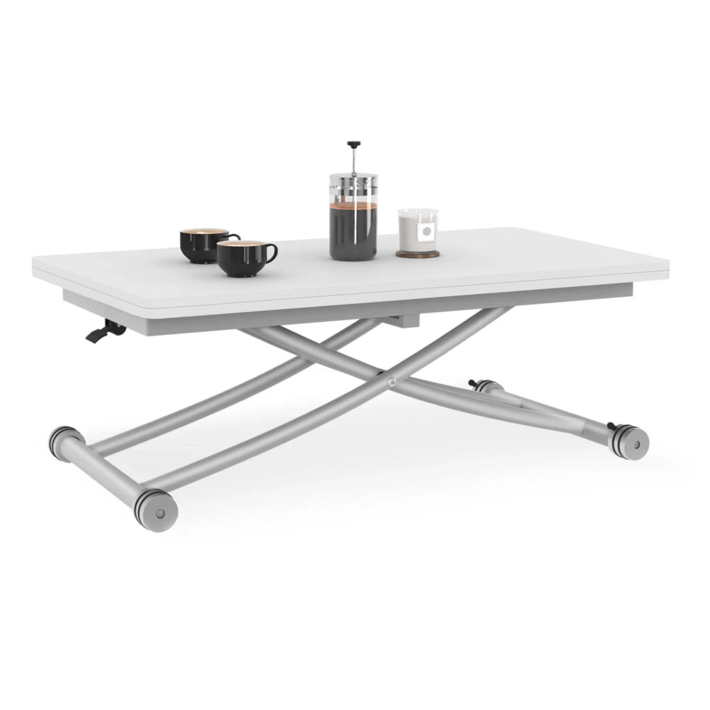 IDMarket - Tavolino 2 in 1 URBANA, trasformabile in tavolo da pranzo rettangolare, 100 cm, bianco, base cromata