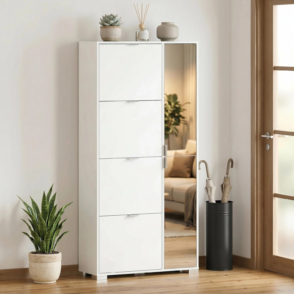 Scarpiera con Specchio e 4 Cassetti a Ribalta ¨C Minimal ¨C Bianco 80x30x100 cm