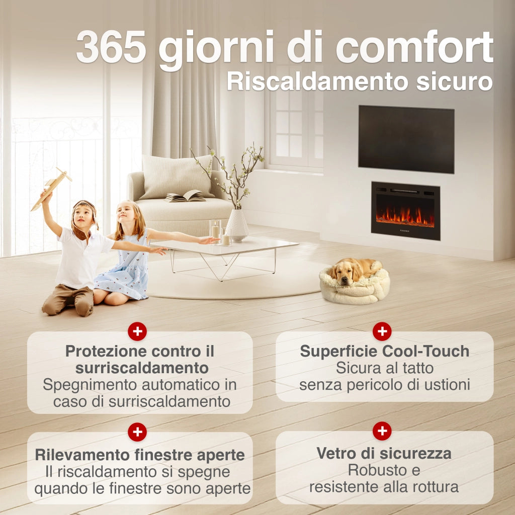 KAMINIO Camino elettrico MARLON - Camino elettrico 3 in 1 con riscaldatore, effetto fiamma 3D, 12 colori di fiamma, telecomando - 24 pollici