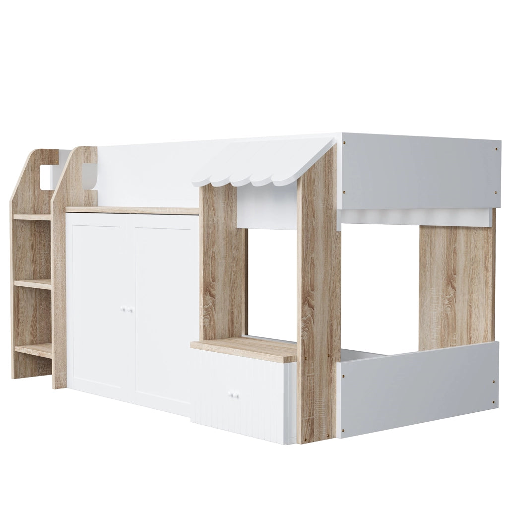 OKWISH Letto a soppalco 90×200 cm, Letto Singolo con Scala Ampia, Contenitore e Vani, senza Materasso, in Legno, Bianco Naturale