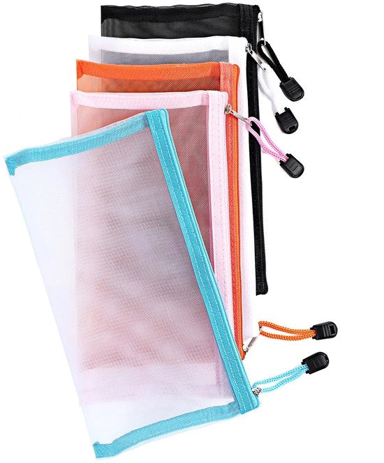 Set di 5 sacchetti trasparenti con chiusura a cerniera, sacchetti trasparenti per il trasporto di cosmetici e articoli da ufficio durante i viaggi, set multicolore