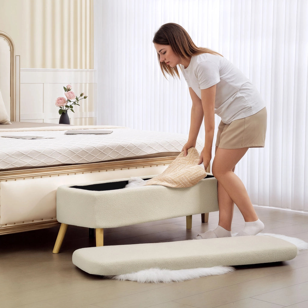Panca contenitore con seduta imbottita ¨C Xylo ¨C Tessuto teddy beige, legno, 120x42x45 cm, 65L