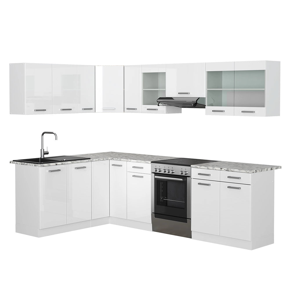 Cucina ad angolo R-Line Bianco lucido/Bianco 267 x 167 cm, PL Marmo Vicco