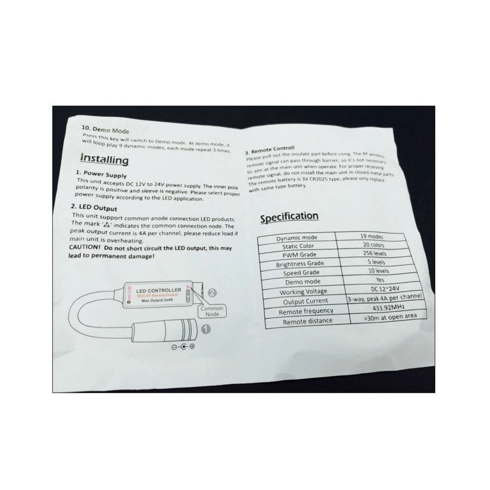 Trade Shop - Rgb Led Controller Rf Wireless Centralina Telecomando Colori 5-24v 3x4a 12a -
