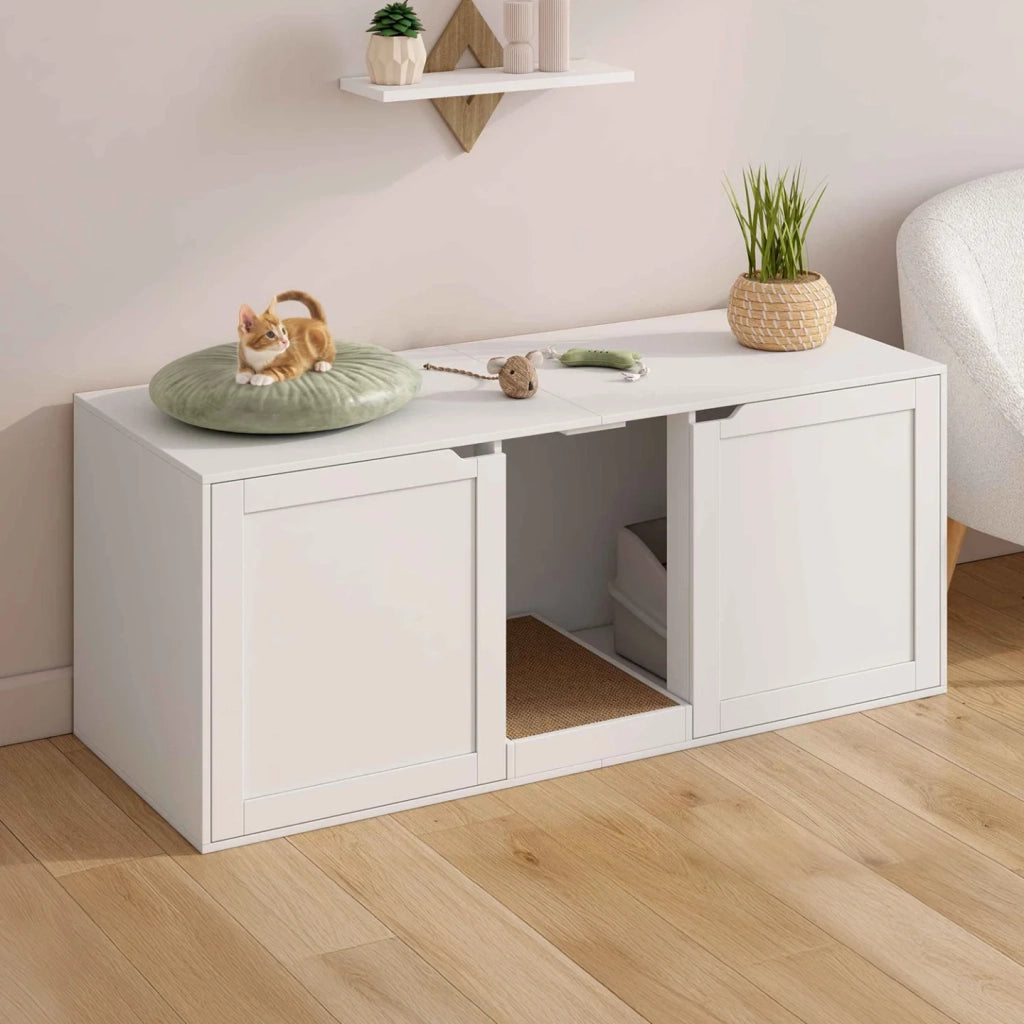 IDMarket - Borsa igienica per gatti XL con 2 porte e tiragraffi in legno bianco