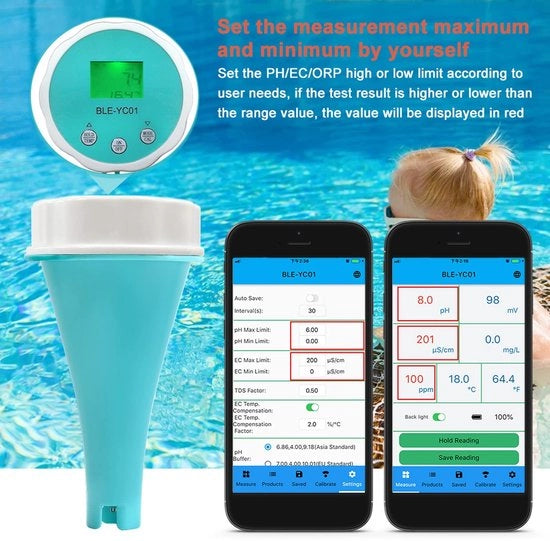 Testatore di Acqua per Piscine 6 in 1 - Connesso a Bluetooth - Salvataggio Automatico dei Dati - Adatto per l'Acqua di Bere - Modello...
