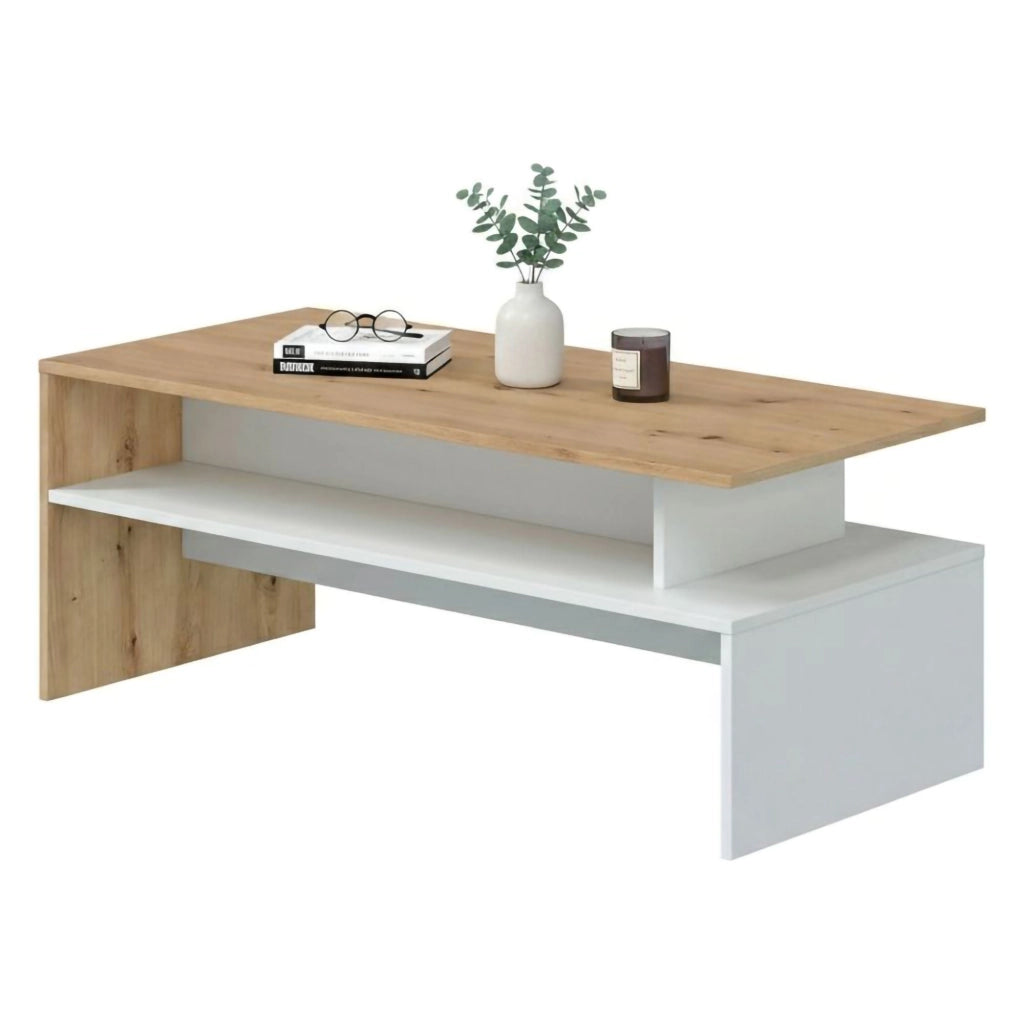 Tavolino da salotto Bartolomea, Tavolino soggiorno, Tavolino da caffè, Tavolo basso, 100x50h43 cm, Rovere Nodi e Bianco lucido