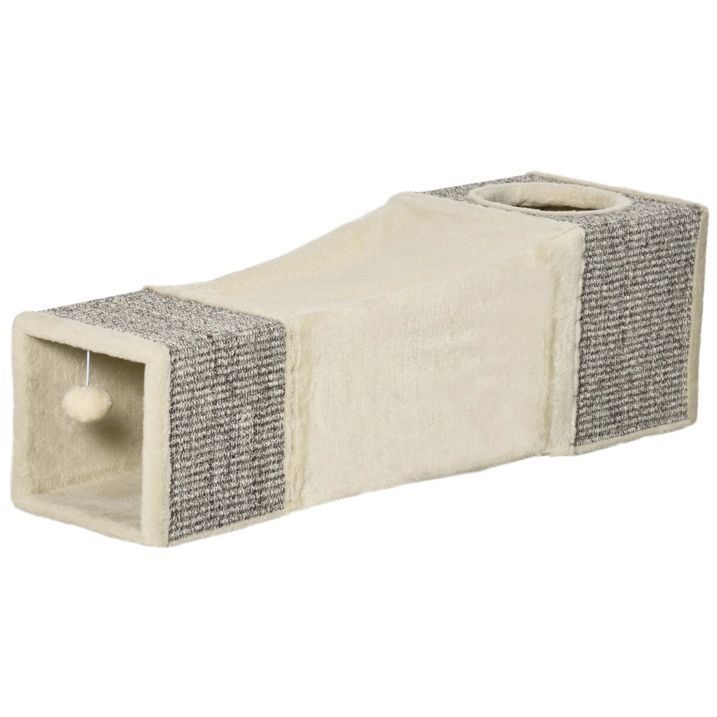 Tunnel per gatti con due tane, superfici per graffiare e giocattolo a palla ¨C Minimal ¨C 98x30x30 cm marrone beige