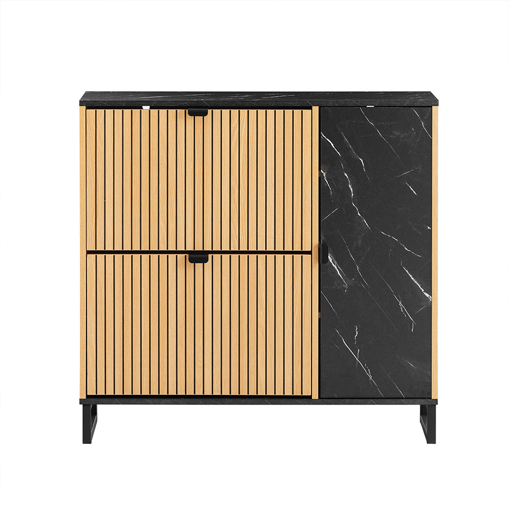 SoBuy Scarpiera Salvaspazio Slim con 2 Ante a Ribalta - Mobile Ingresso per 8 Paia di Scarpe, Scarpiera Ingresso - Design Moderno Nero Marmo e Legno Chiaro, Fissaggio Antiribaltamento - FSR203-N