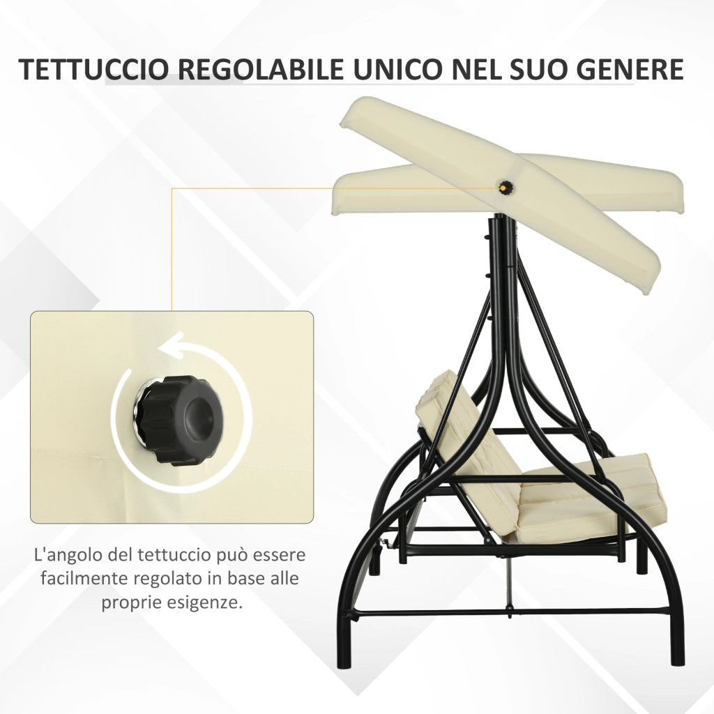Dondolo da Giardino 3 Posti con Tettuccio Regolabile ¨C Minimal ¨C Tessuto Beige e Metallo Nero