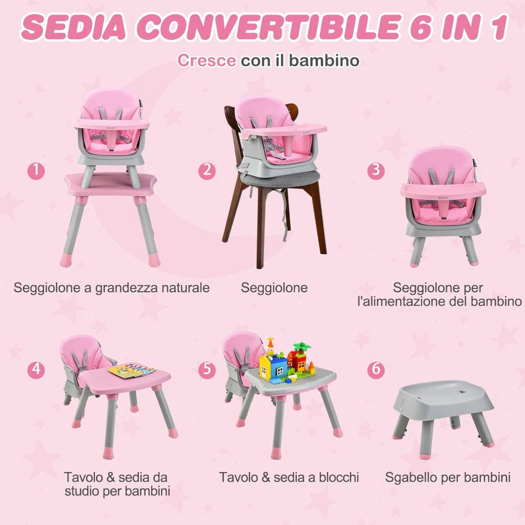 Seggiolone Pappa per Bambini 6 in 1, Seggiolone per Neonati Convertibile, Tavolo per Costruzioni per Bambini, con Imbracatura a 5 Punti, per Bambini da 6 Mesi fino 3 Anni (Rosa)