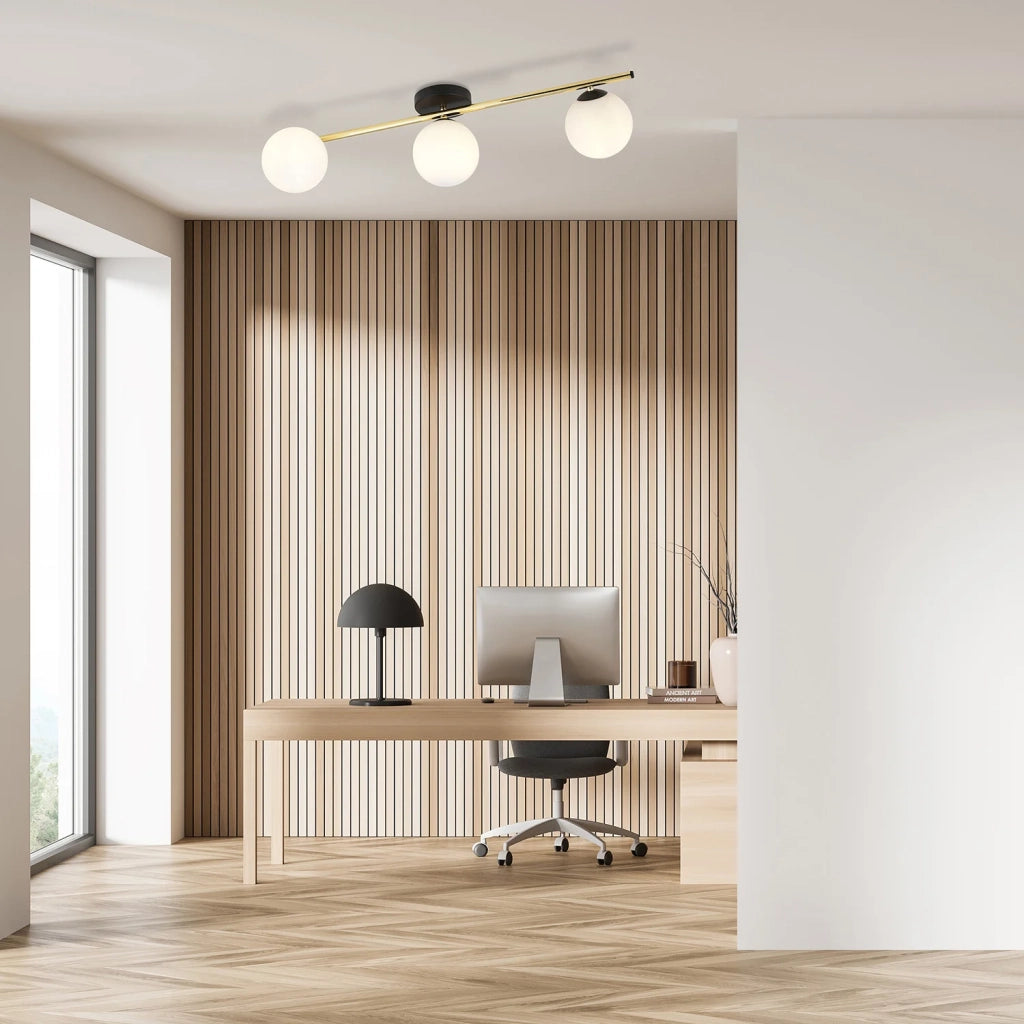 Plafoniera Contemporanea 3 Luci Eracle In Acciaio Oro/Nero E Sfere Vetro Bianco
