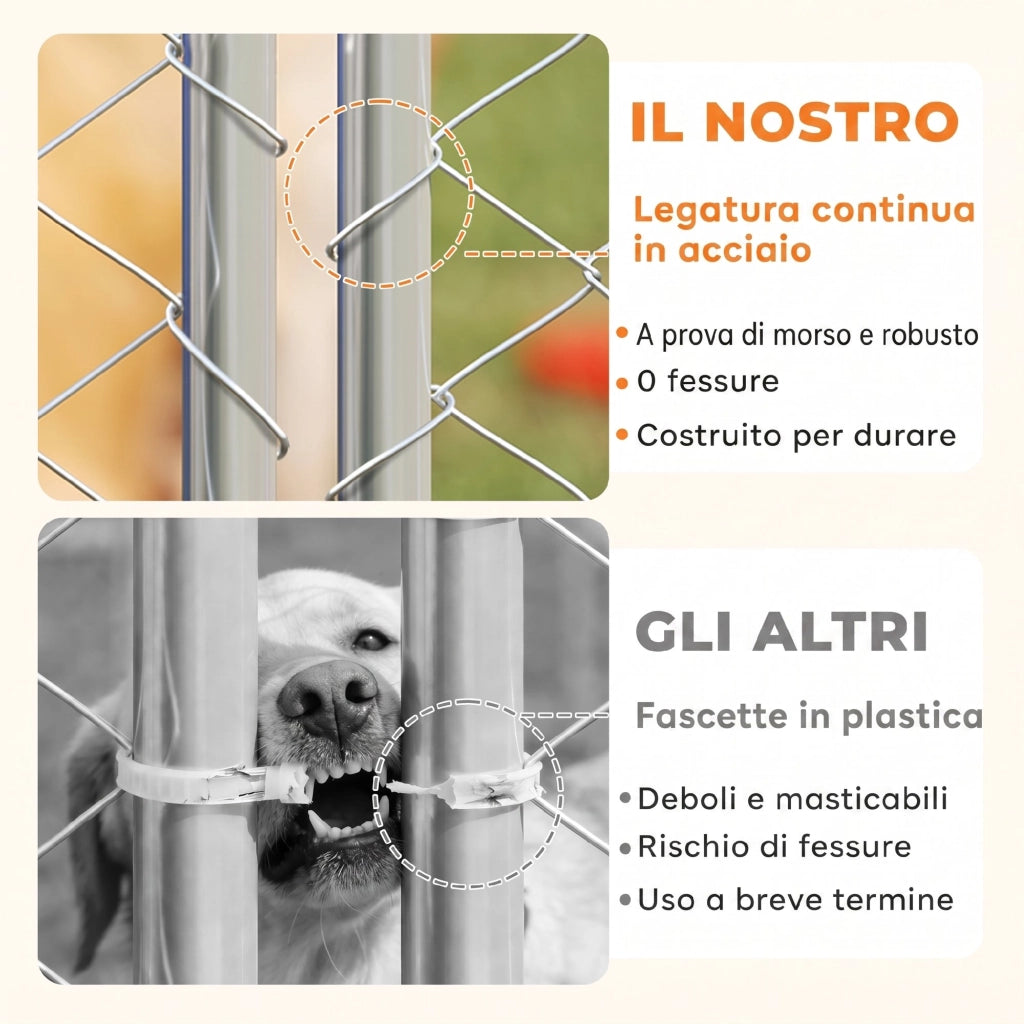 Recinto per Cani da Esterno ¨C Xylo ¨C Acciaio Zincato con Tetto PE Impermeabile Anti-UV Argento
