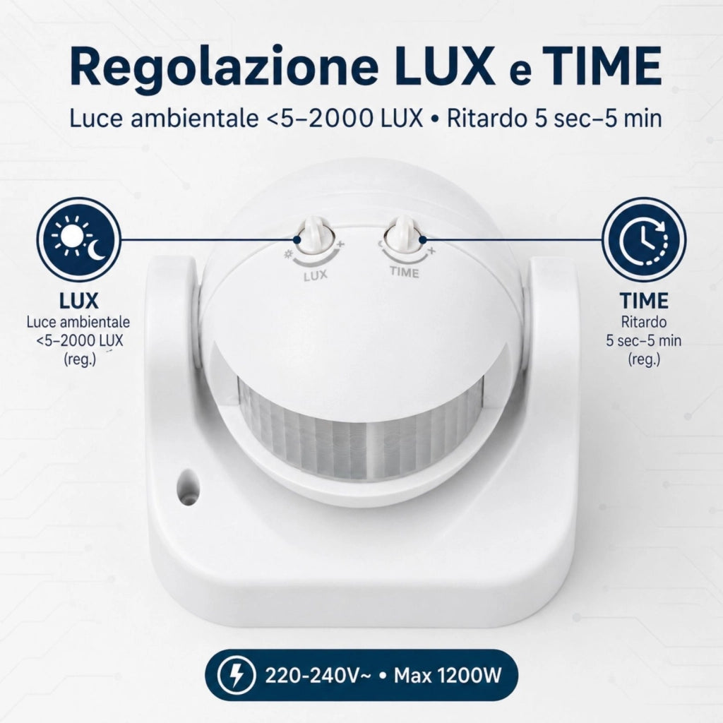 Sensore di Movimento PIR da Muro, 220V, 1200W Max, IP44, Orientabile 180°