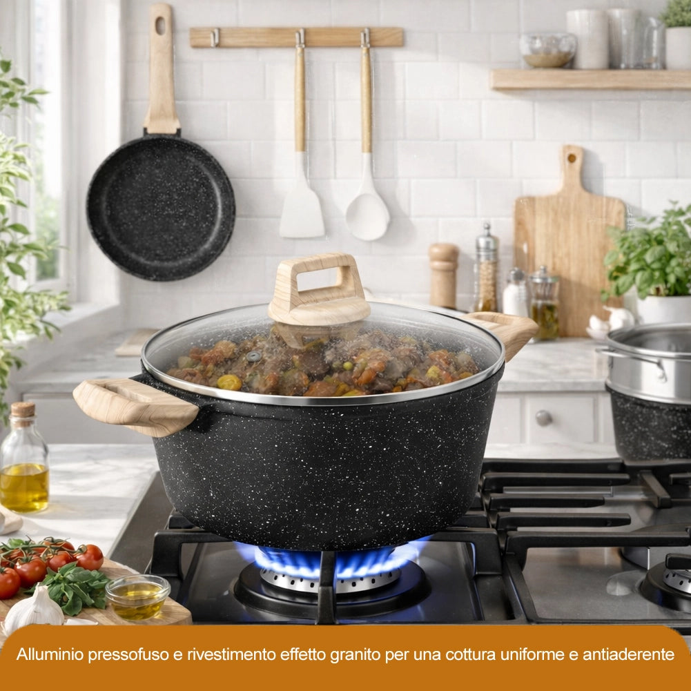Batteria Pentole 15 Pezzi Nero in Alluminio Pressofuso con Accessori e Coperchi