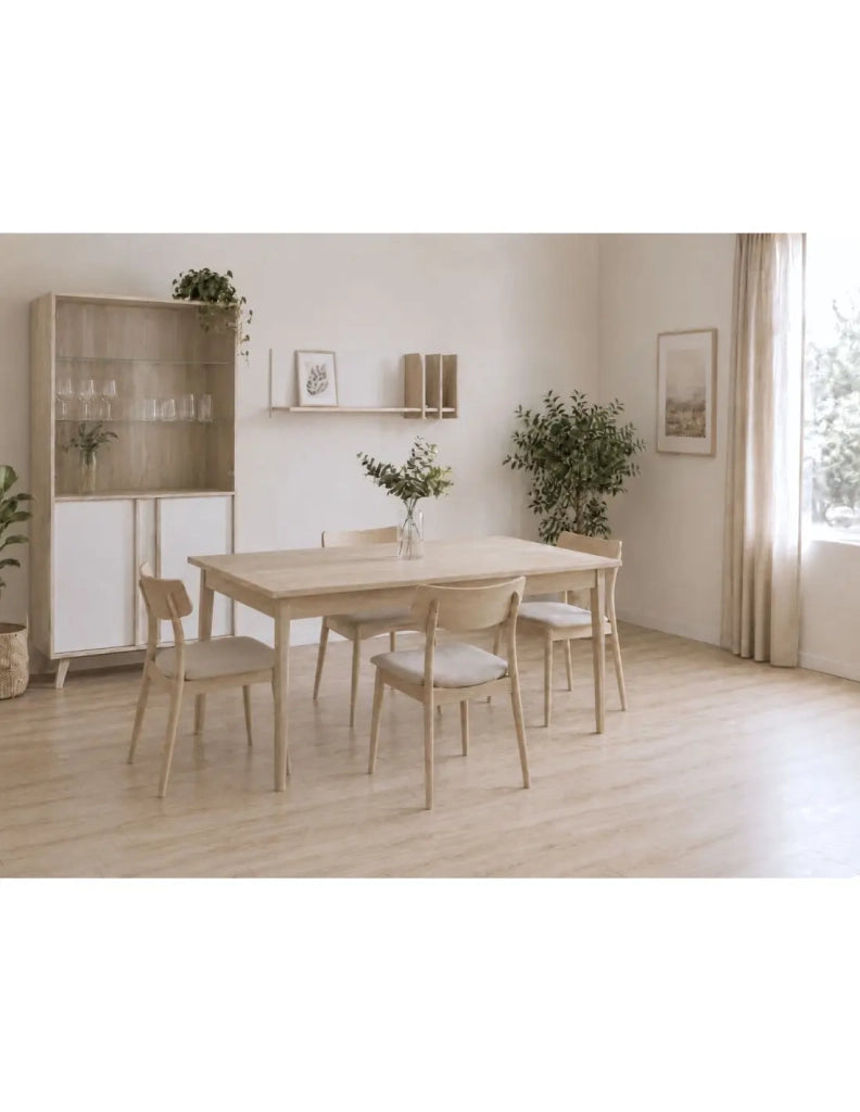 Sala da pranzo completa MALMO con tavolo allungabile e vetrina LED - Rovere chiaro e bianco