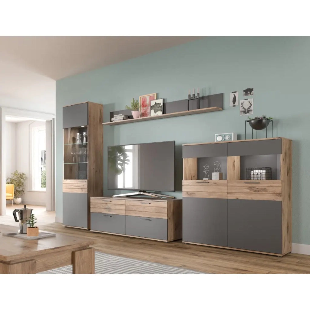 Buffet alto 2 porte in vetro – Grigio antracite e rovere chiaro – SELMA
