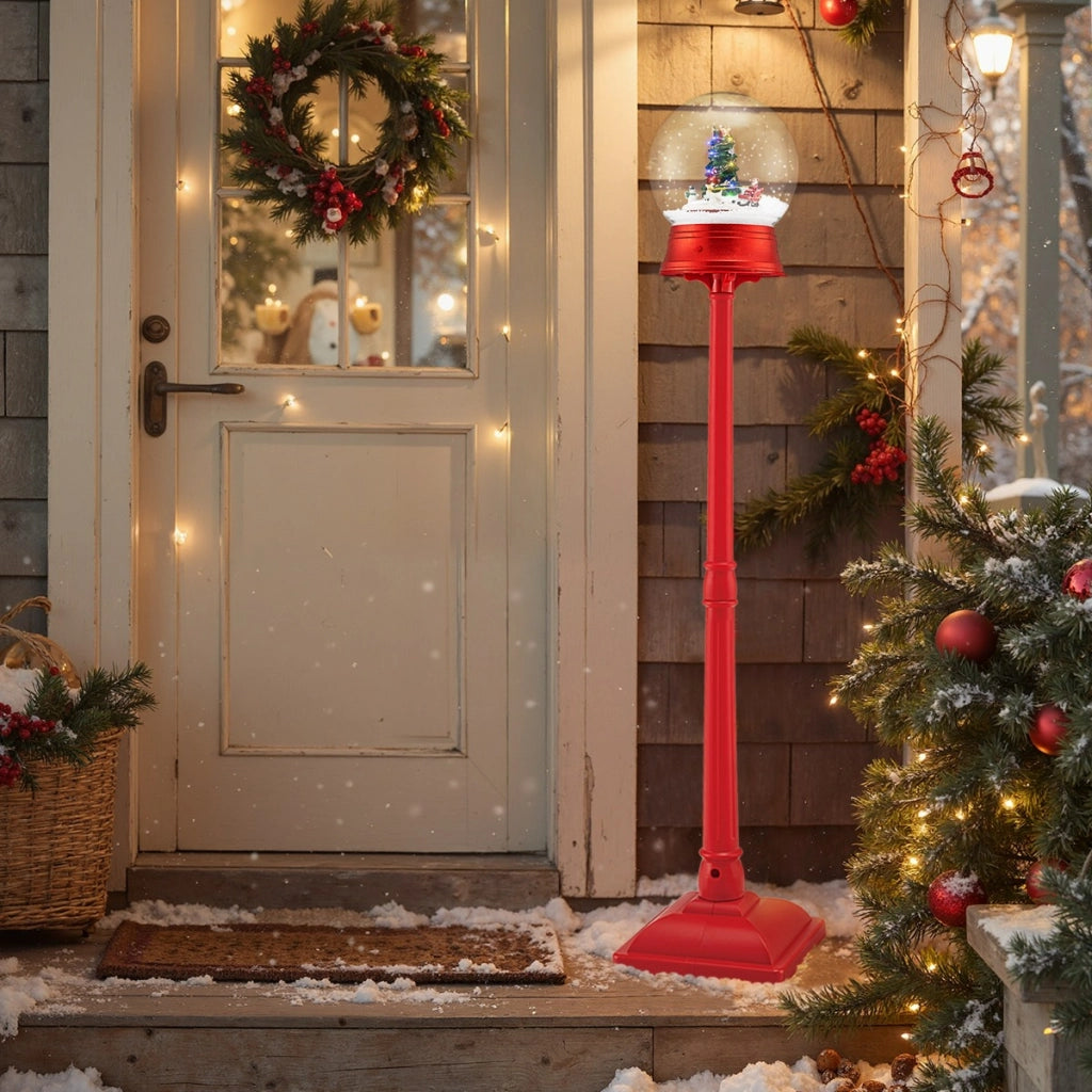 Lampione stradale musicale di natale nevicata soffiante e 15 luci LED colorate-Globo della neve su supporto con babbo natale e pupazzo di neve