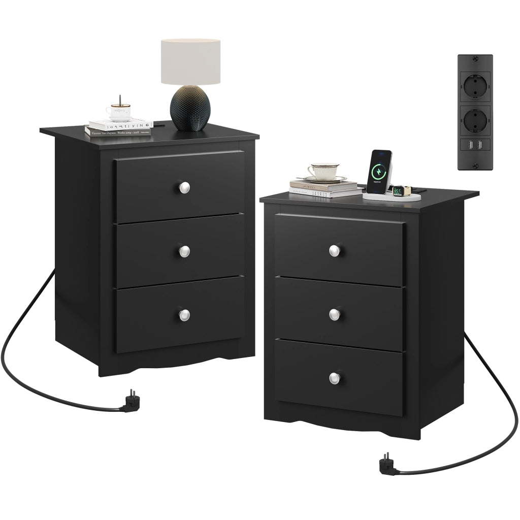 Comodino 3 Cassetti con Prese USB e Stazione di Ricarica ¨C zephmum ¨C 2 St¨¹ck, Nero