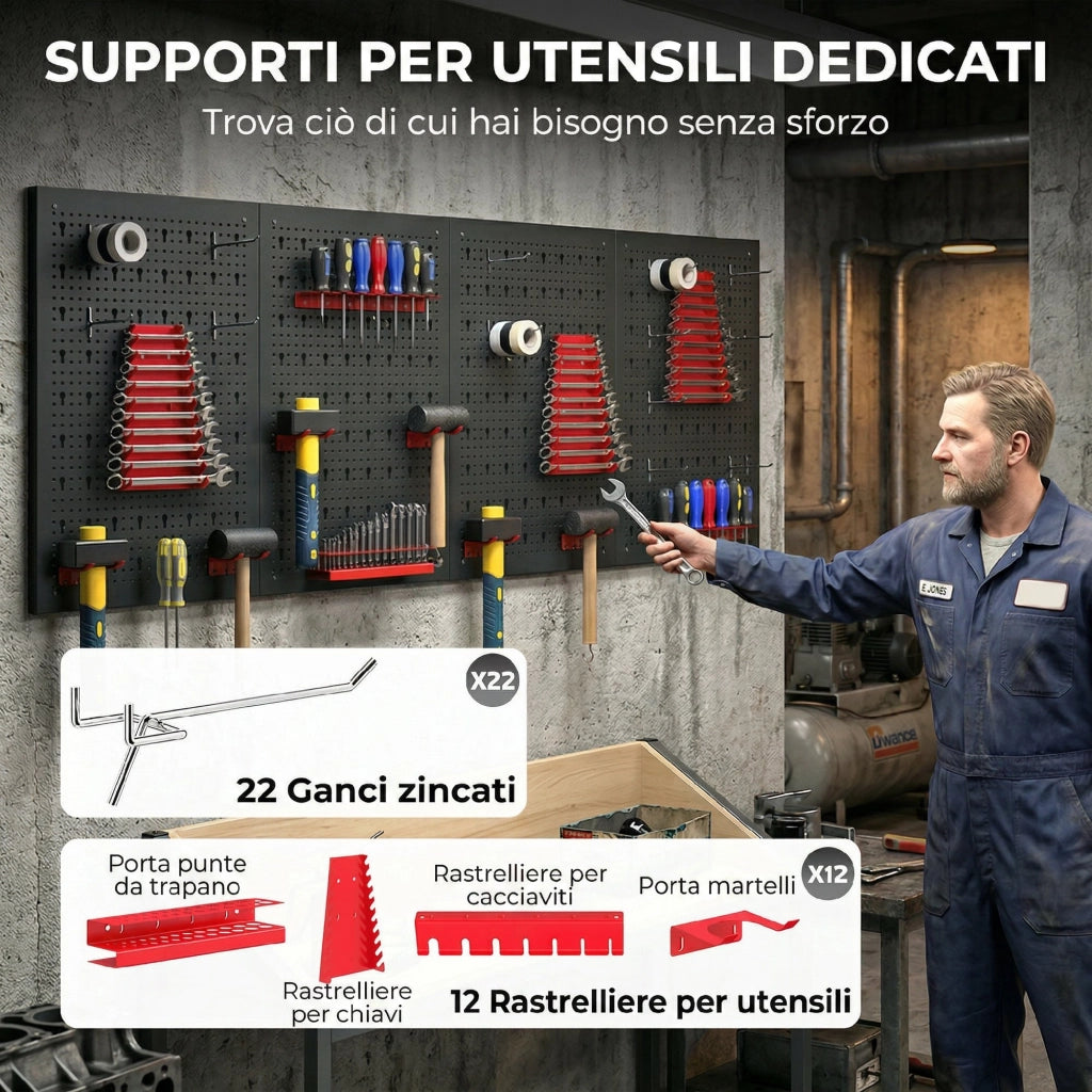 Pannelli Porta Attrezzi da Parete ¨C Minimal ¨C Acciaio, Nero e Rosso