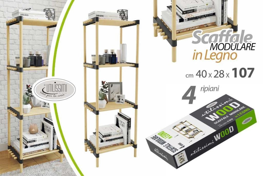 Scaffale in Legno Modulare con 4 Ripiani 107 x 40 x 28 cm