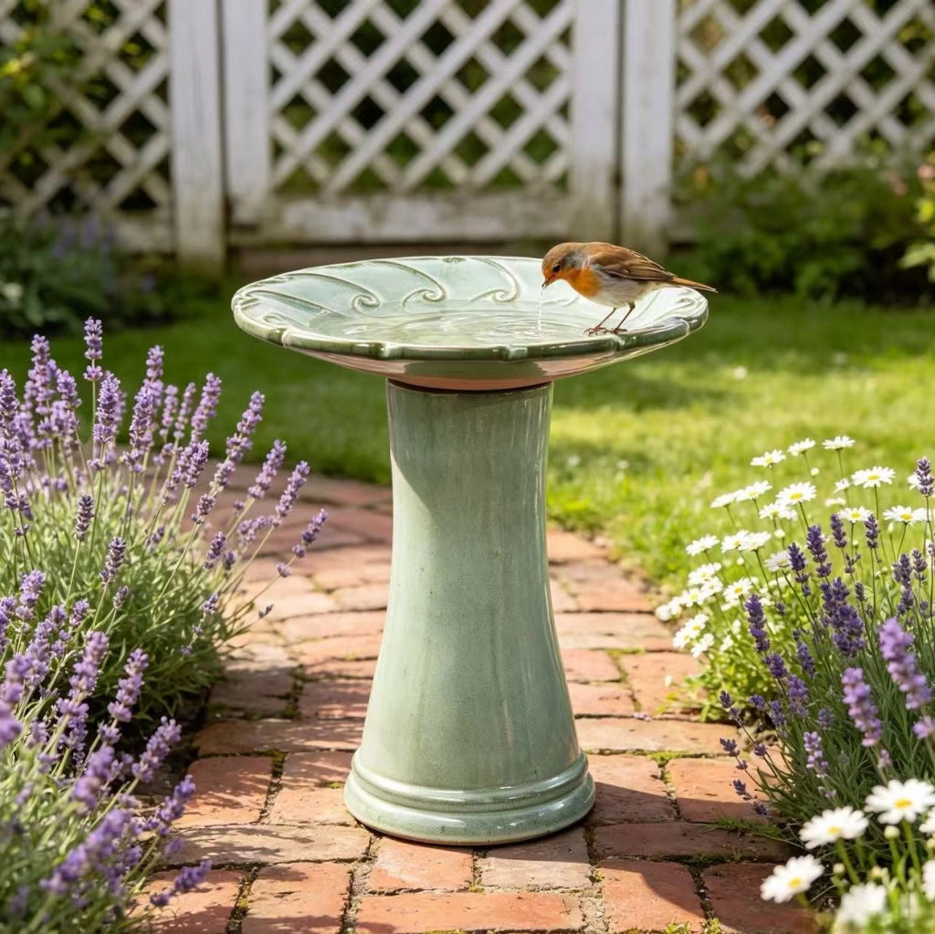 Bagnetto per uccelli in ceramica verde chiaro smaltata resistente al gelo con vasca Ø 43 cm per giardino e terrazza