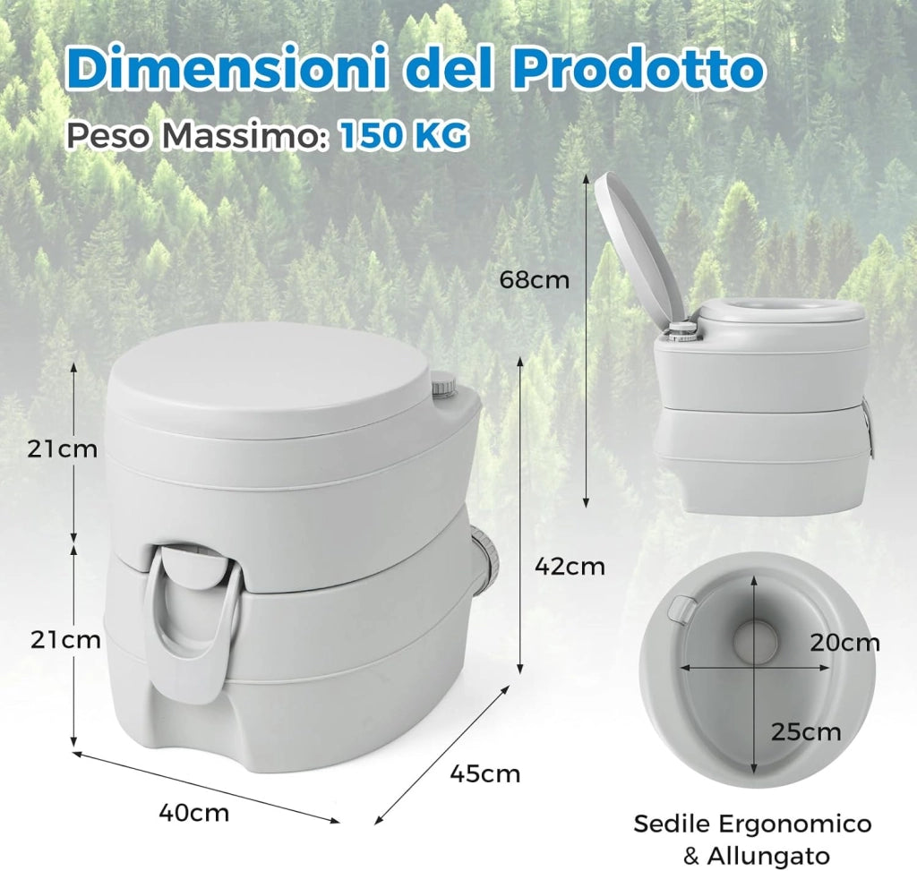 20L Toilette Portatile con Serbatoio d'Acqua Rimovibile a Maniglia,WC Chimico Comodo per Campeggio, Water Portatile per Adulti e Anziani, Supporto Carico 150kg, 45 x 40 x 42 cm, Grigio