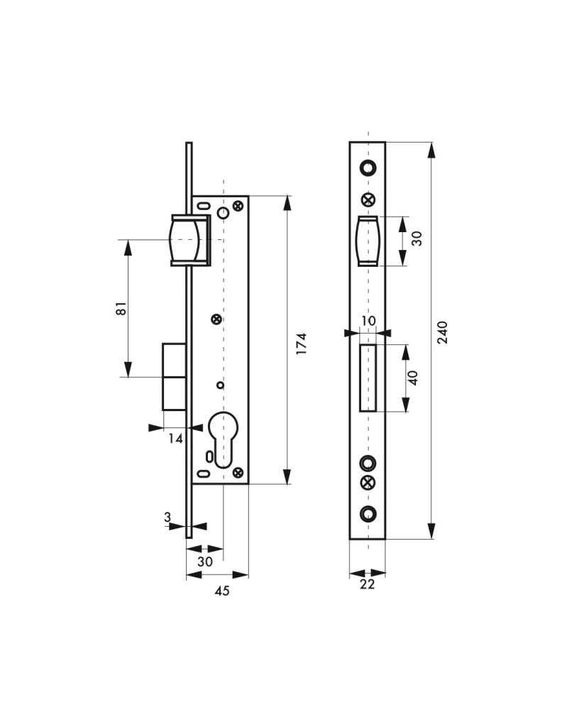 Cassa serratura con asse 30 mm, cilindro e rullo, L 46 mm – THIRARD