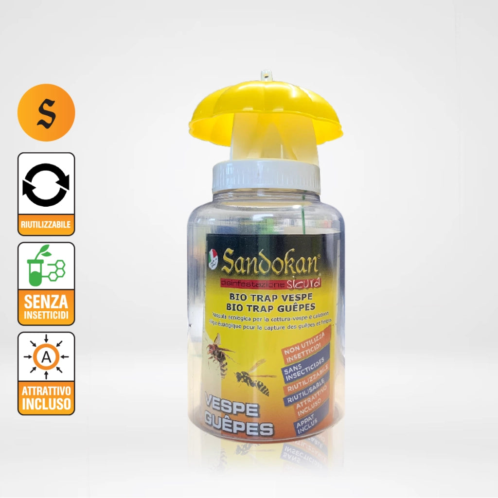Sandokan, Bio Trap Trappola per Vespe e Calabroni Ecologica, Kit Completo 30g (3 Ricariche di Attrattivo Naturale da 10g), Trappole per Vespe da Giardino Riutilizzabili, Made in Italy