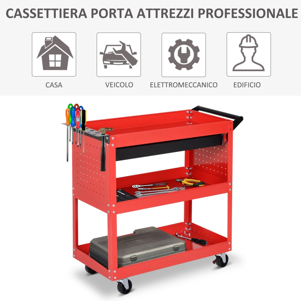 Carrello Porta Utensili con Maniglia e Cassetto 3 Ripiani ¨C Xylo ¨C Acciaio Rosso 82x35x76cm