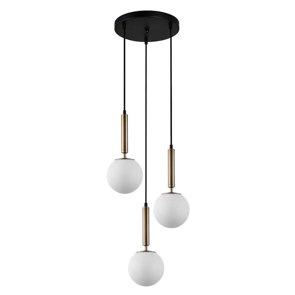 Lampada sospesa Ravena nera ottone 3xE27 sfere opal