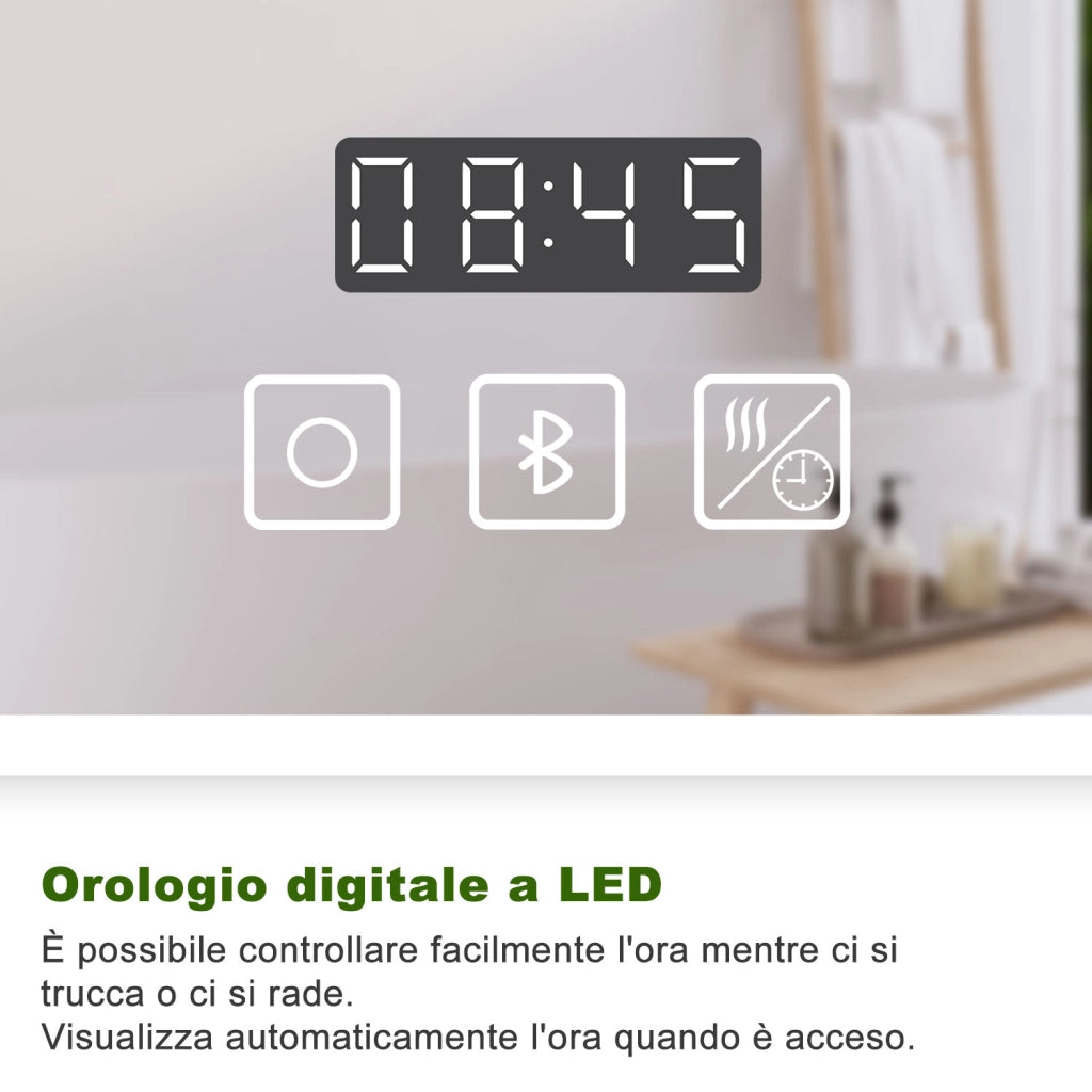 Specchio da bagno a LED, 140x80cm, Disappannamento, orologio, Bluetooth, 3 Temperature di Colore